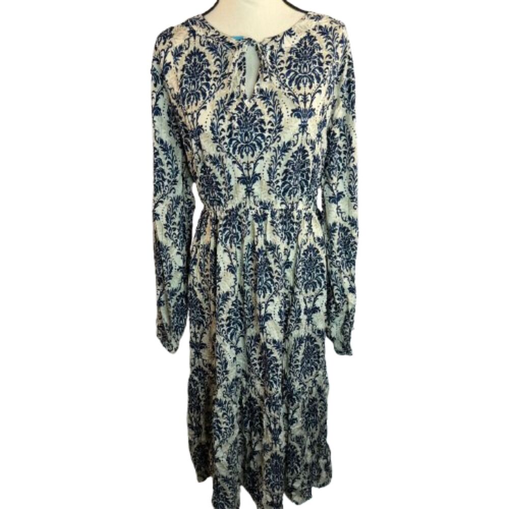 Cupshe NWT Blue & White Damask Print Keyhole Neckline Tiered Midi Dress Size 3X